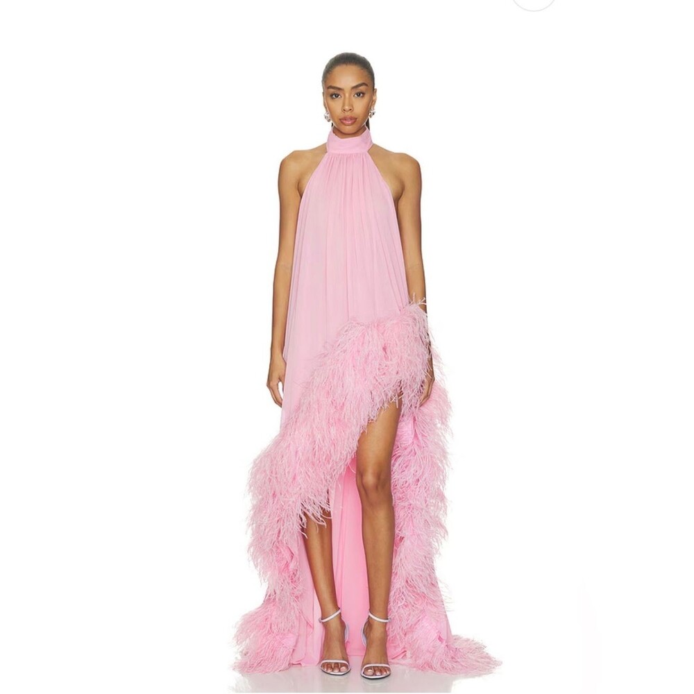 NWOT BRONX BANCO Madeline Halterneck Baby Pink Gown with feather, wedding